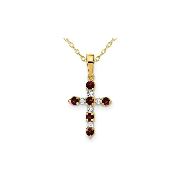 1/4 Carat (Ctw) Garnet Cross Pendant Necklace with Accent Diamonds in 14K Yellow Gold with Chain for Women