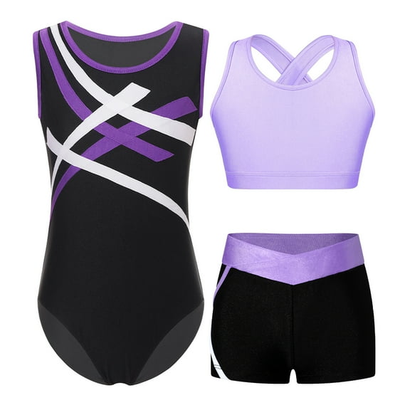 iiniim Girls Dance Suit Sleeveless Dance Leotards   Crop Top with Shorts Gymnastics Suit Dancewear Purple 6