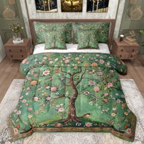 Manfei Cute Flowers 7pcs Bedding Comforter Set,Wild Birds Queen Bedding Sets,Natural Botanical Tree Queen Sheet Sets For Girls Kids,Super Cozy Room Decor Reversible