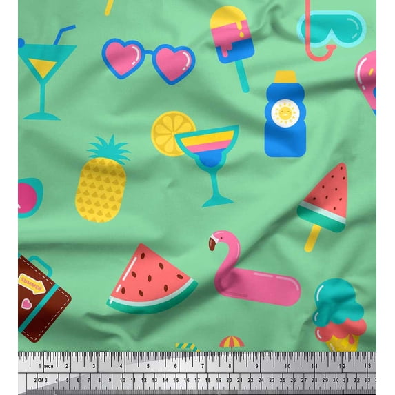 Soimoi Crepe Silk Fabric Drink,Goggles & Ice Cream Party Print Fabric by the Yard 42 Inch Wide