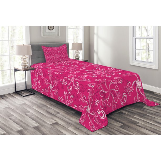 Hot Pink Bedspread Set Twin Size, Floral Arrangement Pattern on Hot