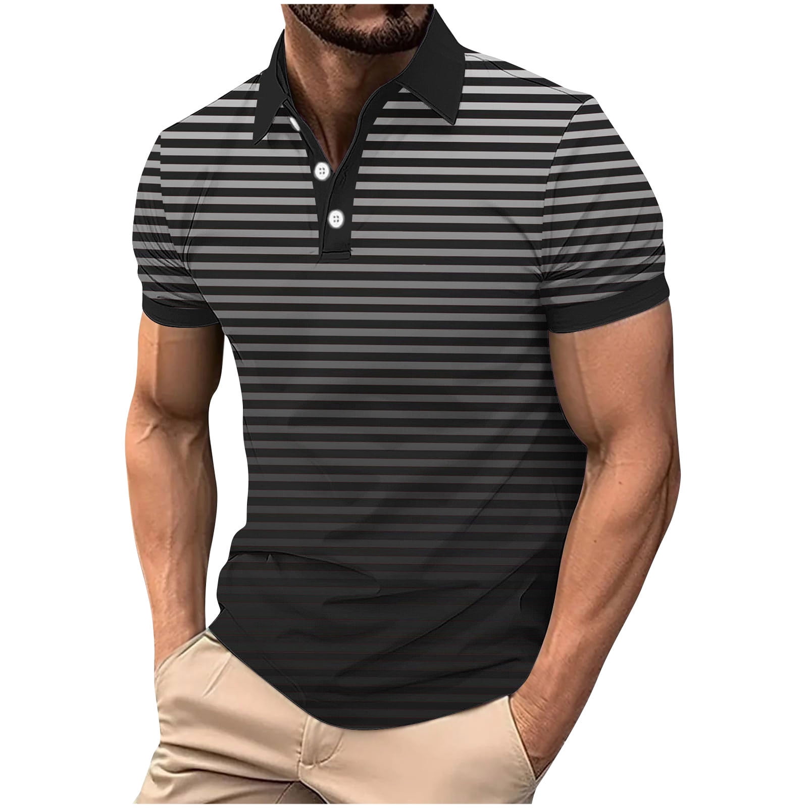 VSSSJ Men s Casual Golf Shirts Short Sleeve Fashion Gradient Striped Print Shirt Regular Fit Collared Button Summer T-Shirts Tops Dark Gray XXL