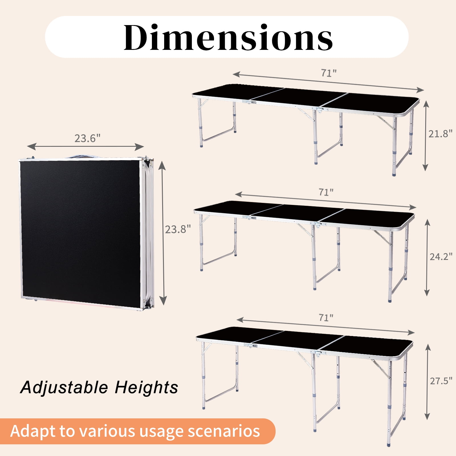 6Ft Aluminum Alloy Folding Table, Portable, Durable, for Family Reunions, Picnics, Camping black