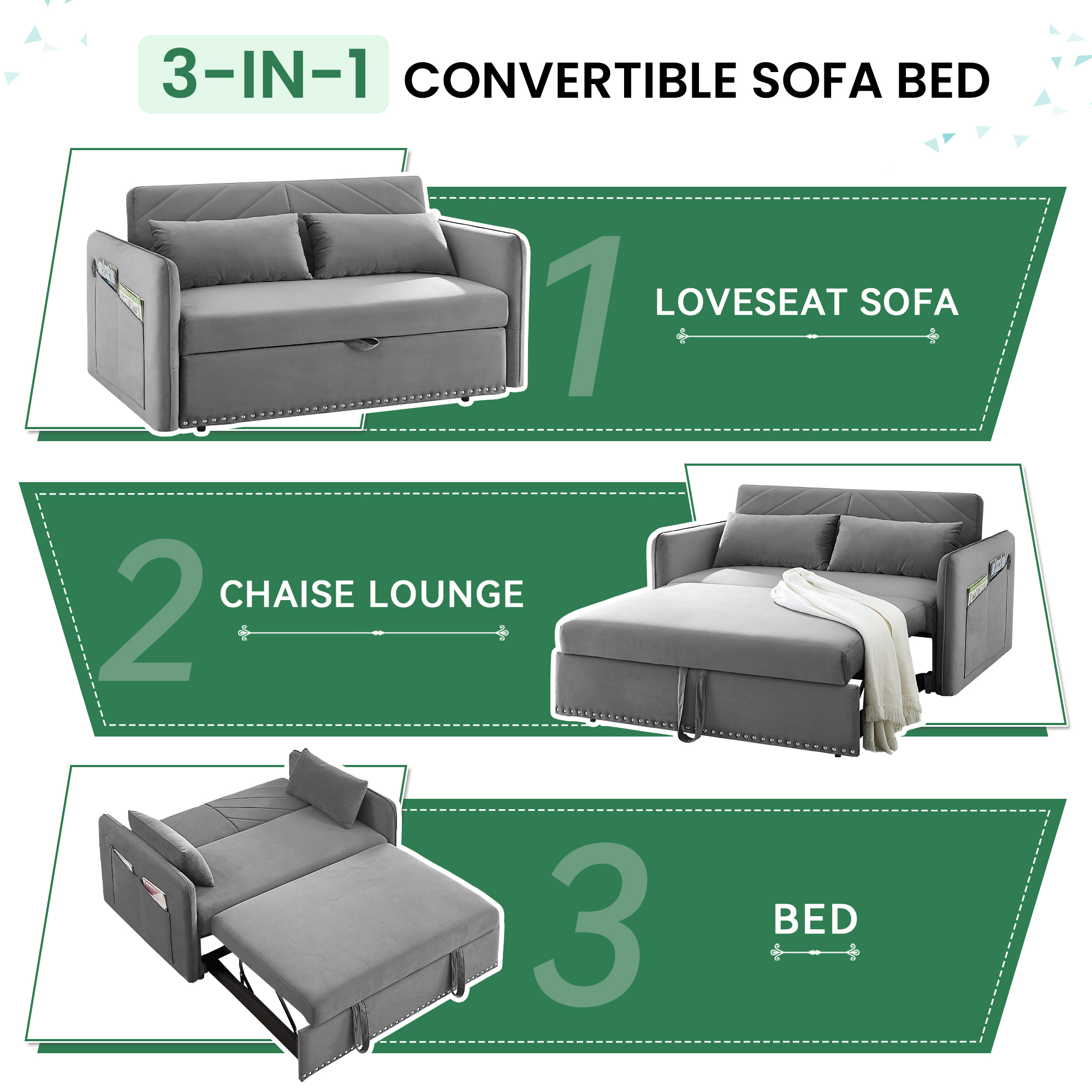 Dinosisco Convertible Sleeper Loveseat with USB, 55" Velvet Futon Sofa Bed, Gray