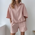 thumbnail image 2 of Womens Two Piece Sets Pink Crew Neck Casual Solid Color Short Sleeve Shirt Shorts M, 2 of 6