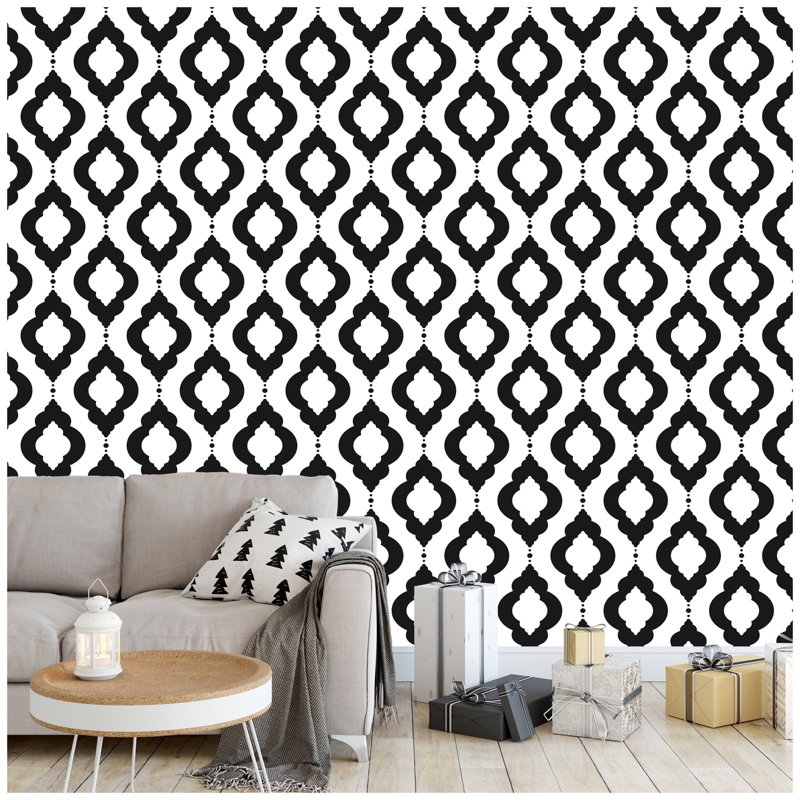 Peel and Stick Wallpaper Removable Black/White Trellis Mural Home Wall Decor 17.7in x 9.8ft