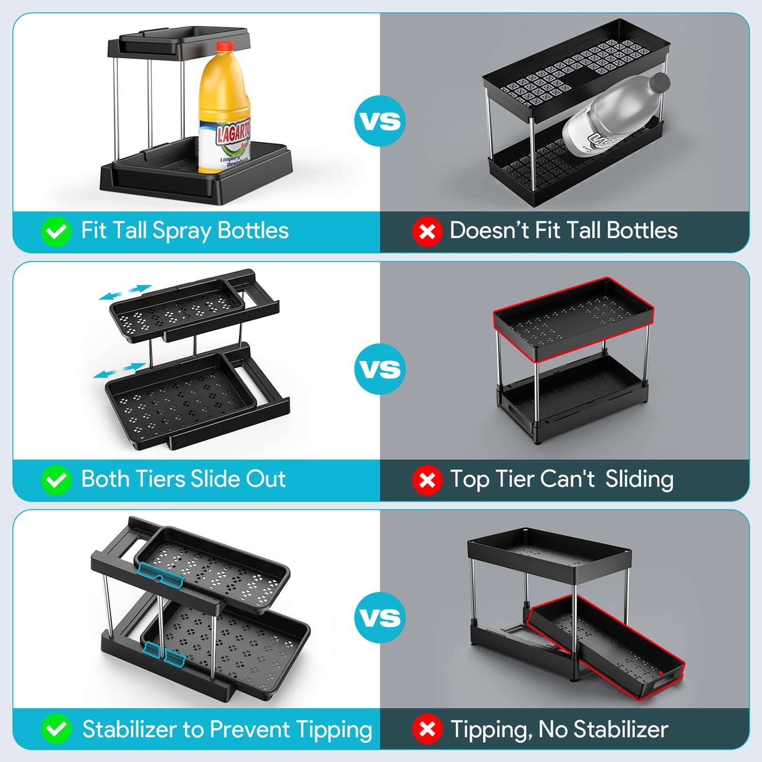 2-Tier Under Sink Organizers and Storage, Sliding L-shape Under Bathroom Kitchen Cabinet Organizers Narrow Space Sink Organizer