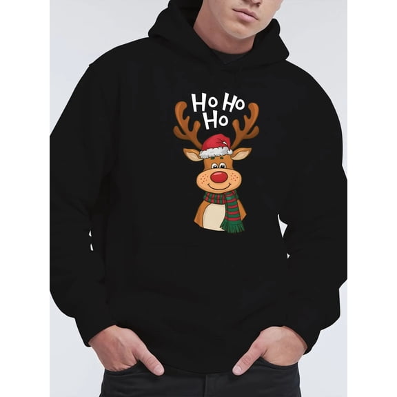 Men'S 2025 Christmas Reindeer Hoodie with Ho Ho Ho & Rudolph Graphic - Casual Long Sleeve Sweatshirt, Soft Knit Fabric, Regular Fit, Festive Red & Green Reindeer Print, Cozy Winter Pullover for Holid