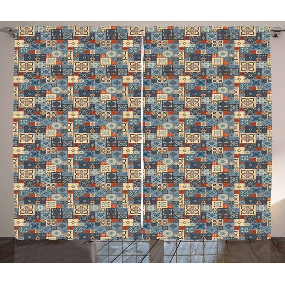 Ambesonne Moroccan Curtains 2 Panel Set, Tunisian, 108" x 63", Dark Orange Slate Blue