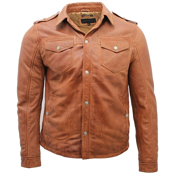 Mens Leather Jeans Style Shirt Jacket-Dawley in Tan