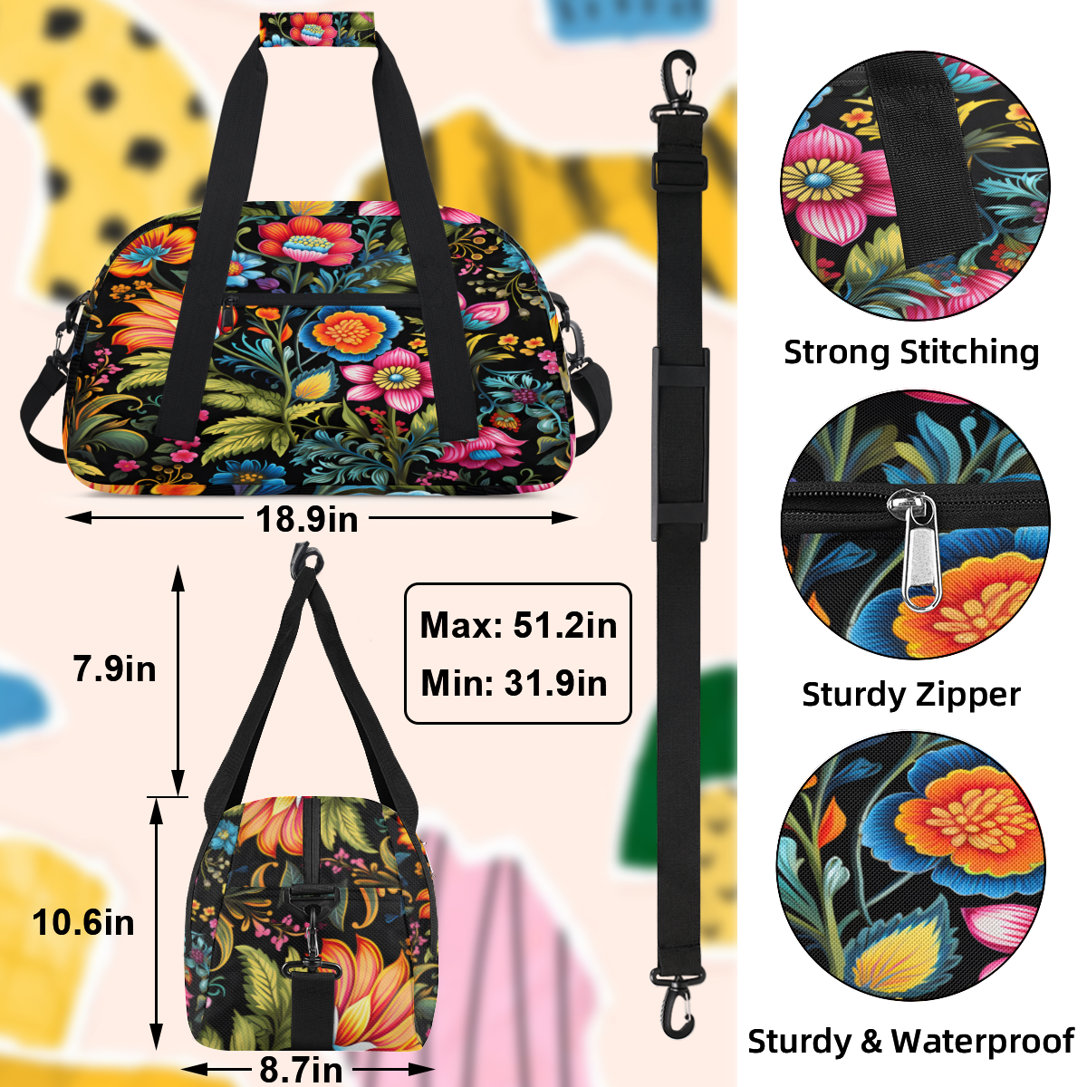 Herdesigns Colorful Flowers Sports Duffle Bag for Women & Men, Spring Summer Gym Bag Dance Bag Overnight Bag Carry On Weekender Travel Bag