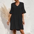 thumbnail image 2 of iOPQO Women's Casual Dresses Boho Dress Womens 3/4 Puff Sleeves Ruffle Dress V Neck Solid Pleated Dresses Fall Dresses Black XL, 2 of 8
