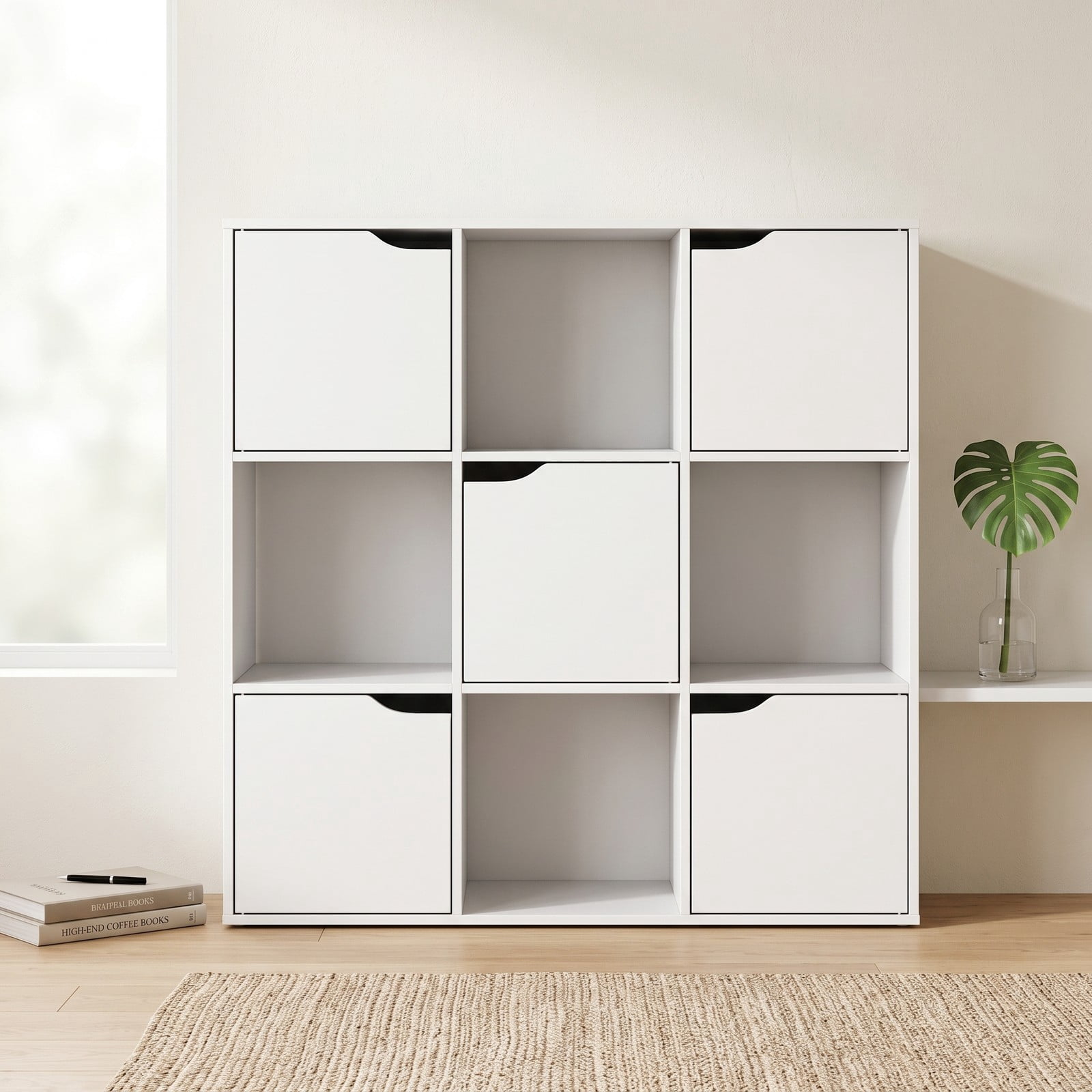Furnibear 9 Cube Storage Bookcase, Free Standing Wood Divider Organizer with 4 Open Cubes and 5 Cabinets for Home Office Living Room Bedroom, White