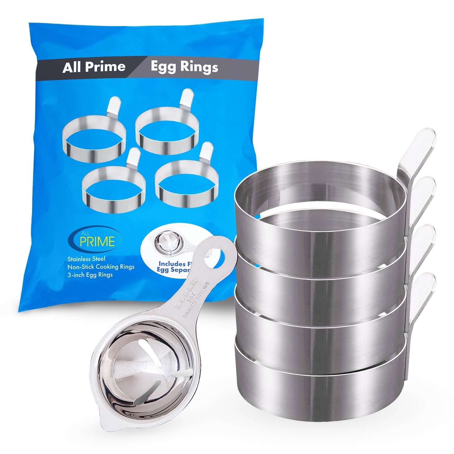 All Prime Stainless Steel Egg Rings 4 Pack Includes Egg Separator