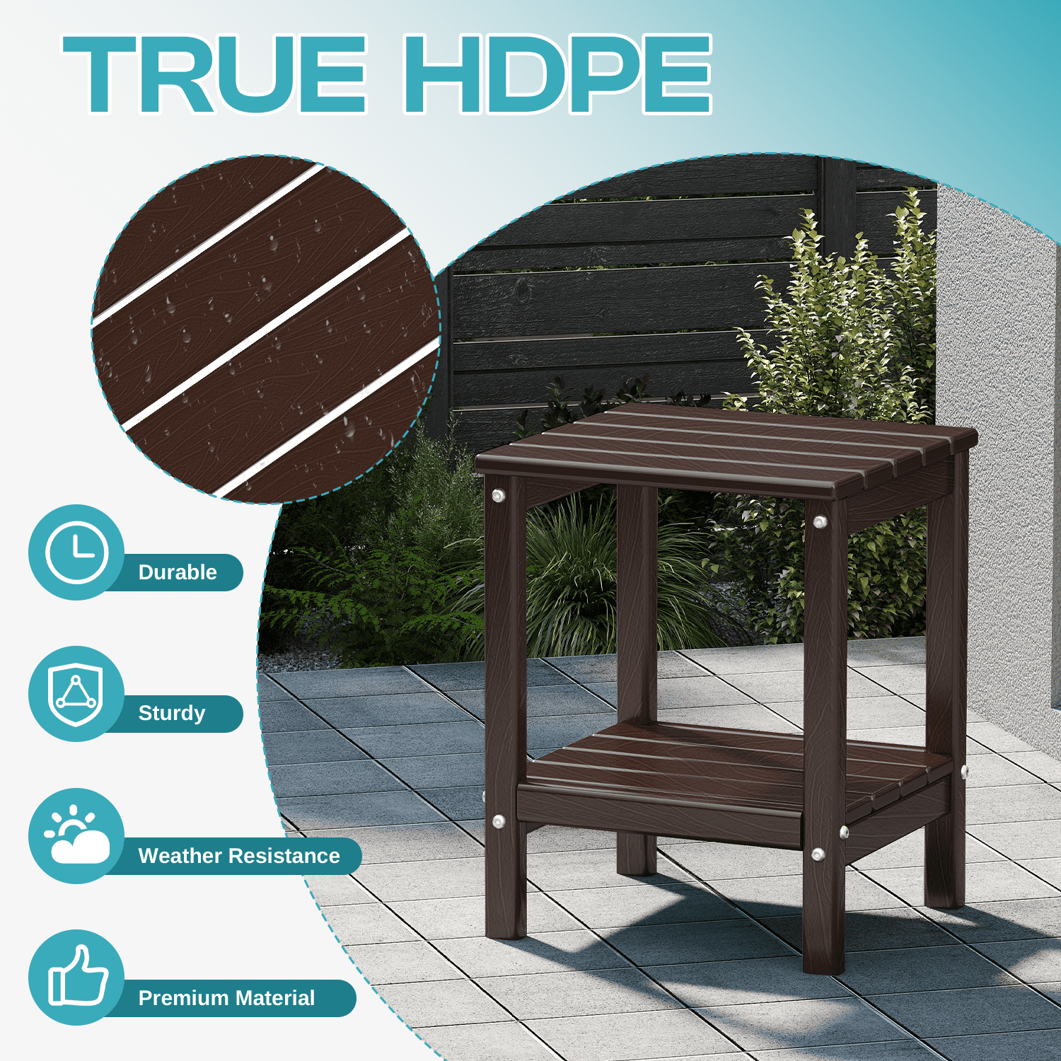 Pipopa Adirondack Outdoor Side Table,HDPE All Weather Double Layer Patio Side Table,Rectangular End Table for Garden Balcony Pool,BrownWood