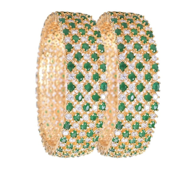 Ratnavali Jewels Indian Bangle Set CZ Cubic Zirconia Bangle Brass Metal Bangle Kada Bracelet Jewelry for Women Green White Gold Tone