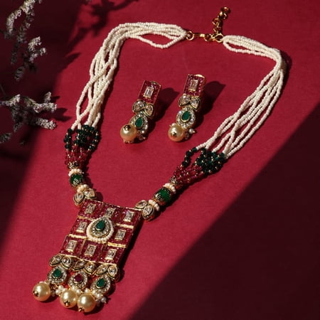 Rajwada Shringar Kundan Necklace With Natural Stone | Premium Heritage Imitation Jewelry | Gold Plated Traditional Wedding & Party Use Jewelry For Women