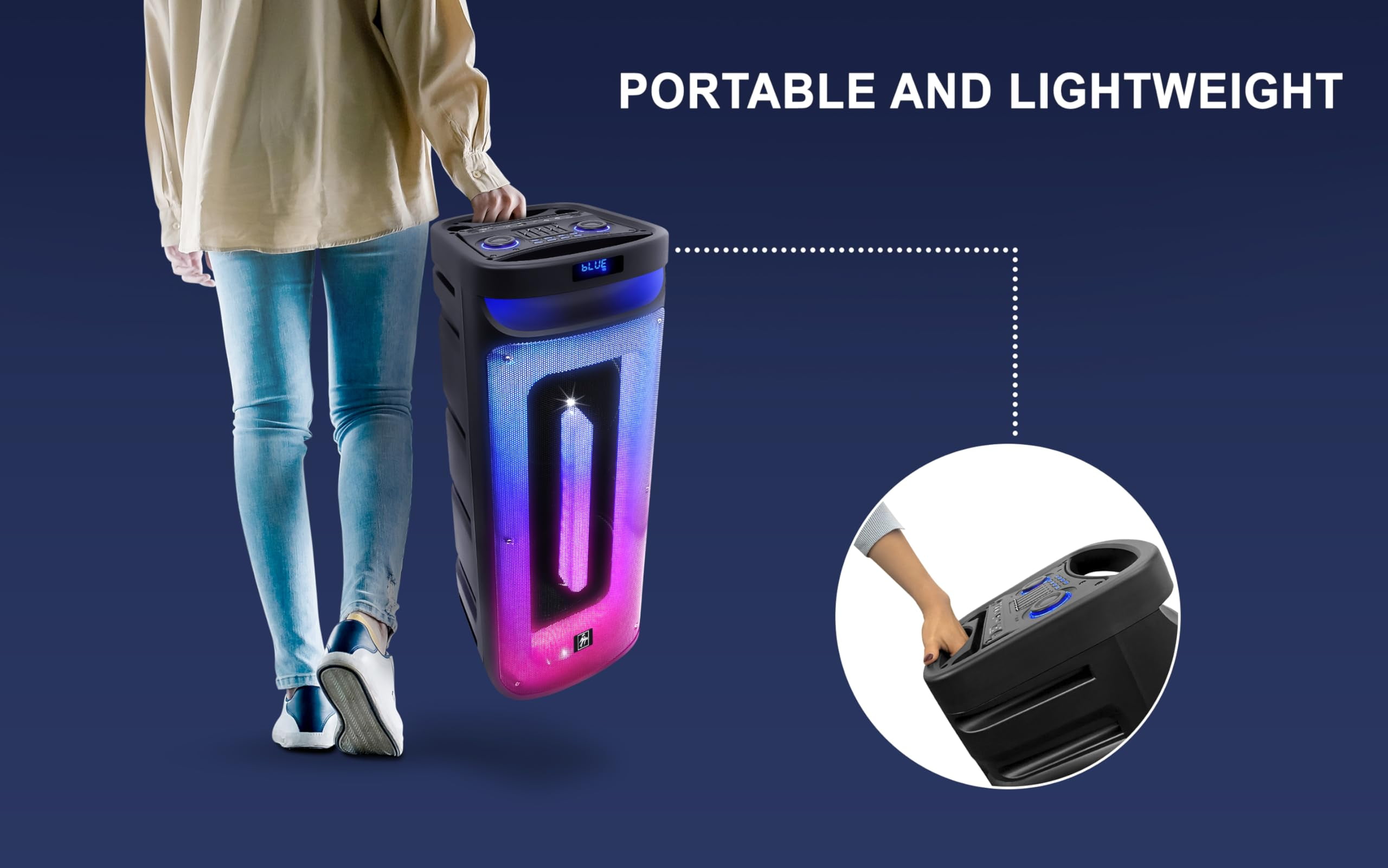 Fisher Portable Bluetooth Wireless Speaker System: Dual 10" Subwoofer 80W Peak Power Loud HD Deep Bass Sound|LED Lights|Rechargeable|Karaoke|Remote|TWS Pairing|USB Port|TF|AUX|FM Radio|2 MIC Input