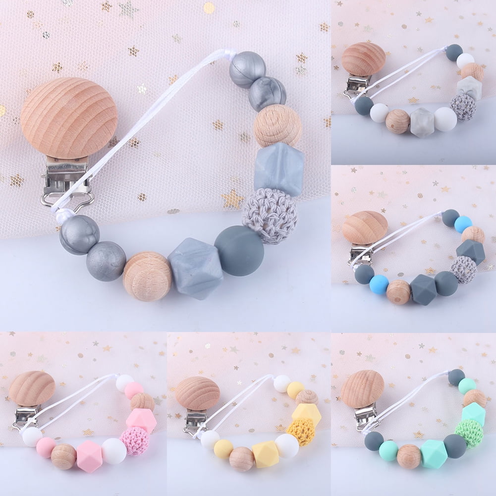 Silicone Beads Teething Bracelet  Baby Wooden Chewable Pacifier Teether Holder 