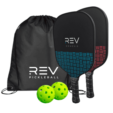 Rev Pickleball Genesis Set – 2 Paddles, 2 Pickleballs, Carry Bag – All-in-One Beginner Bundle – Lightweight Fiberglass Paddle Set for Indoor & Outdoor Play – Red & Blue – Supreme Touch Control