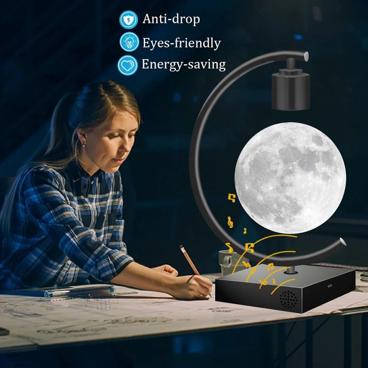 Magnetic Levitating Moon Desk Lamp with Bluetooth Speaker, 3-Color Light, Home Office Decor & Unique Gift