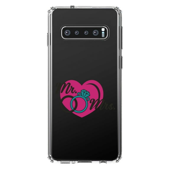 DistinctInk Clear Shockproof Hybrid Case for Samsung Galaxy S10  PLUS (6.4" Screen) - TPU Bumper Acrylic Back Tempered Glass Screen Protector - Mr. & Mrs. Wedding Rings Heart