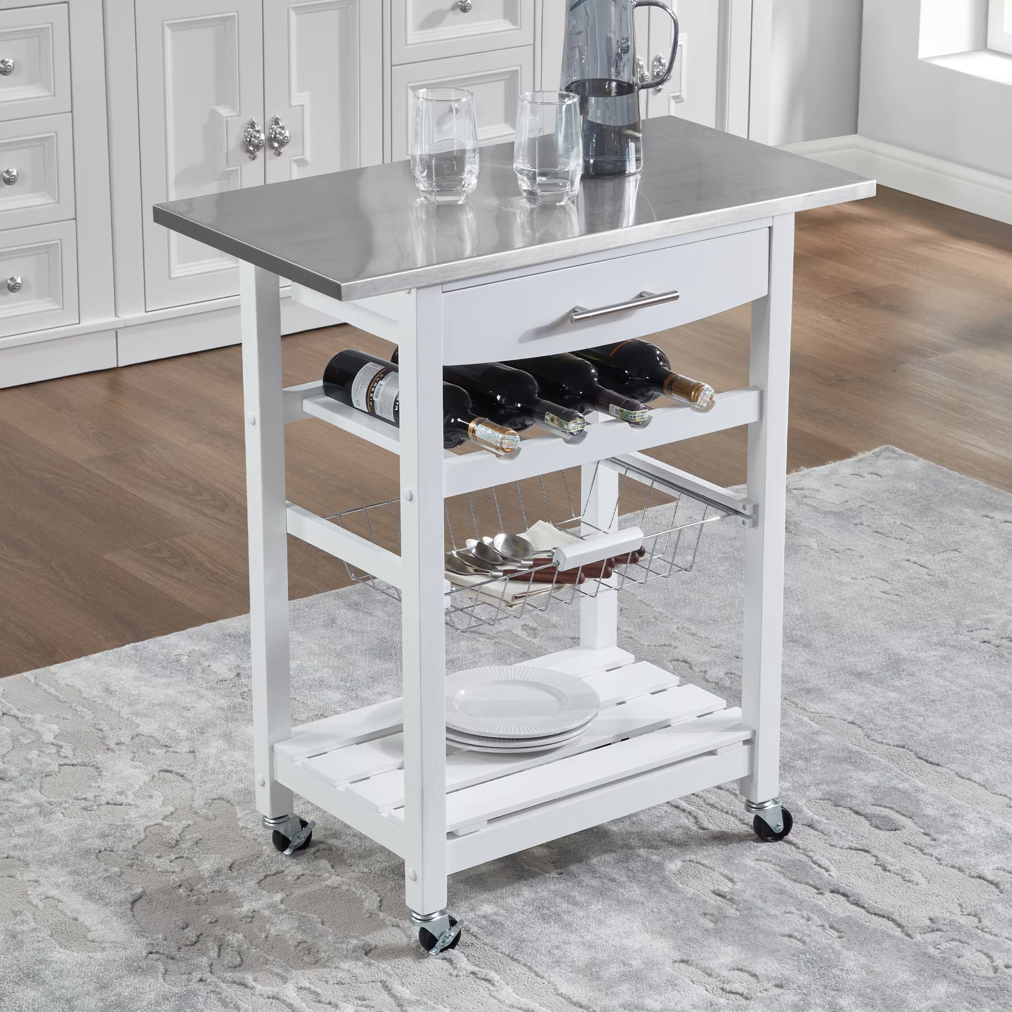 Avobird Kitchen Island Cart, Mobile Kitchen Cart with 30inch Stainless Steel Countertop/Underneath Drawer/Slide-Out Wire Storage Basket, White