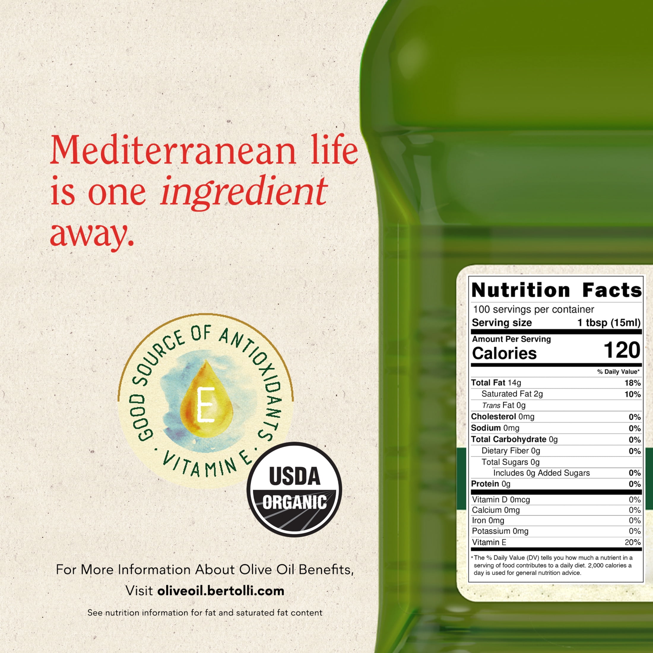 Bertolli Organic Extra Virgin Olive Oil, Rich Taste, First Cold Pressed, Contains Polyphenols, 50.7 oz