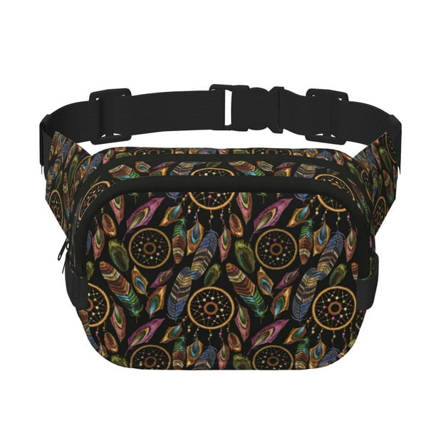 Fotbe Decorative Feathers Cangurera Cuadrada con Estampado de Doble Capa, Bolsa de Cintura Ajustable Mini para Hombres y Mujeres