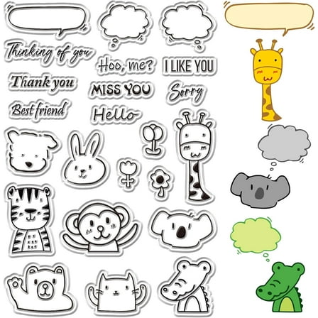 Cartoon Animal Clear Stamps Words Reusable Transparent Silicone Stamp Seals for Journaling Card Making Decor DIY Scrapbooking Photo Album Decorative Stamp Sheets