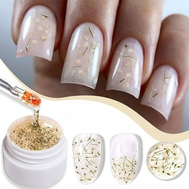 Pegamento para uñas con flores secas, transparente, con purpurina brillante, estilo hadas de las flores, 8 ml. Esmalte de uñas de plástico.