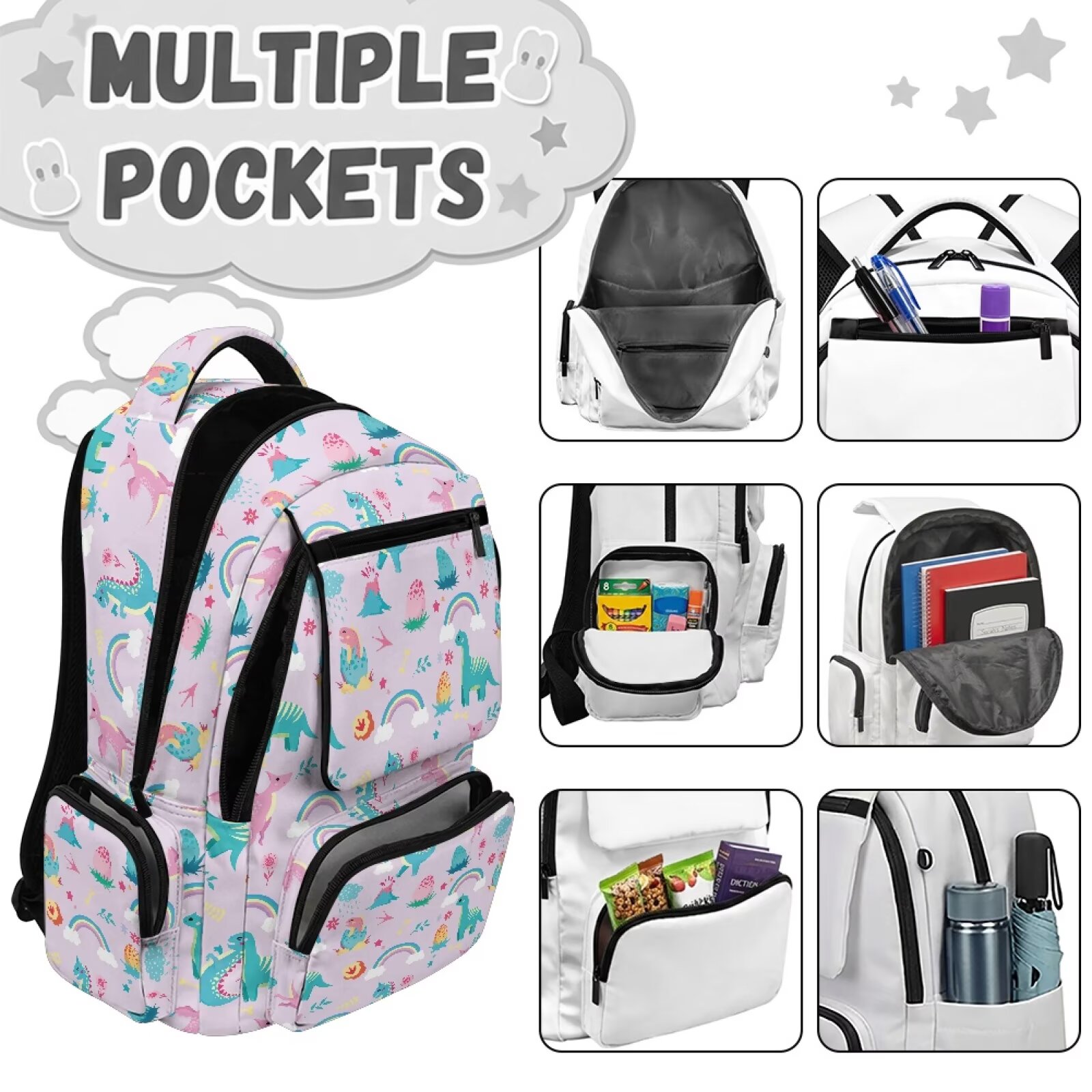 Mochila escolar arcoíris de dinosaurio púrpura para niños y niñas de 5-16 años, gran capacidad, múltiples bolsillos, resistente al agua, correas acolchadas ajustables, ligera 7