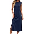 thumbnail image 3 of Wedding Guest Dresses for Women Solid Color Round Neck Sleeveless Maxi Dress with Pockets and Side Slits for Any Occasion M, 3 of 7
