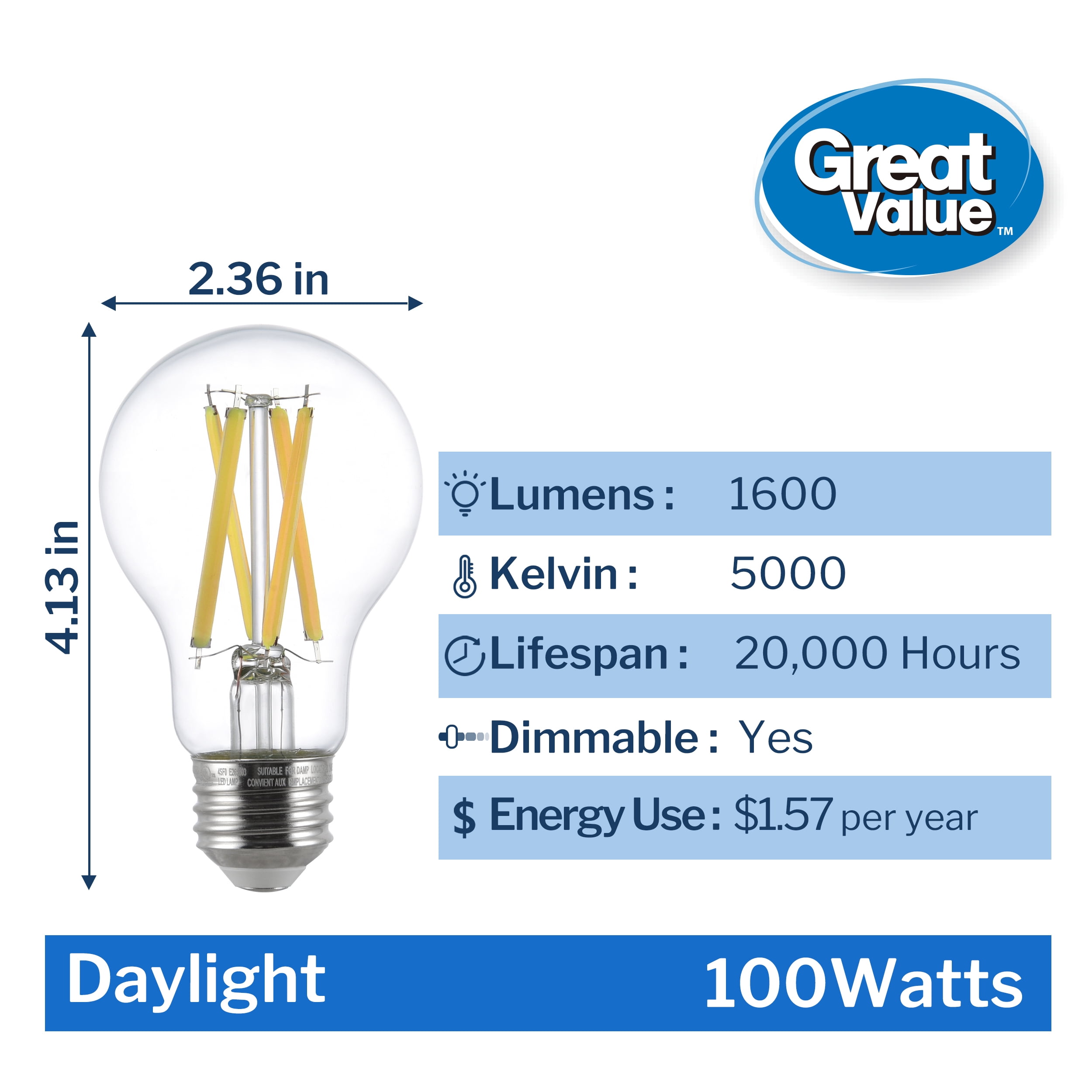 (4 pack) Great Value 18YR A19 LED Light Bulb, 13W (100W Equivalent) Dimmable Daylight E26 Medium Base (4 Pack)