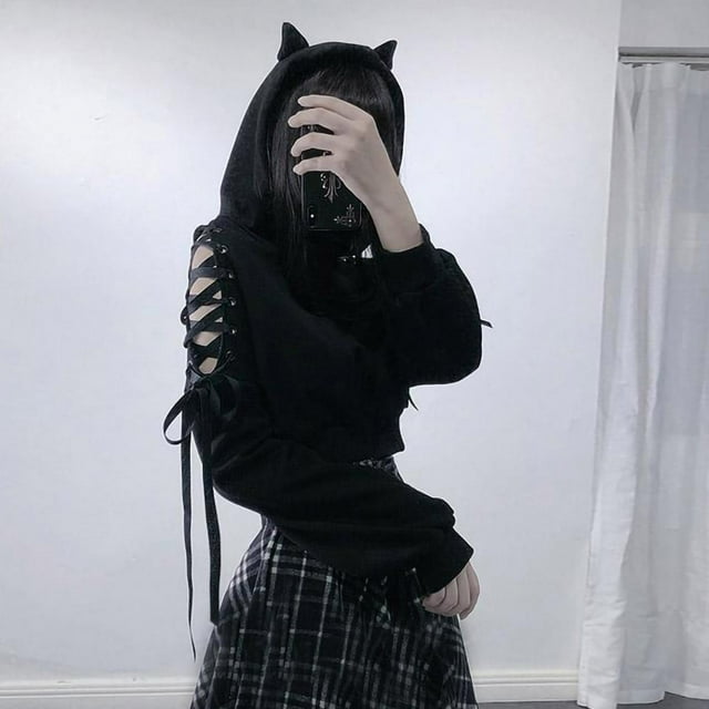 Pisexur Sweat à Capuche pour Femmes Oreilles de Chat Crop Top à Capuche Manches Lacées Ajourées