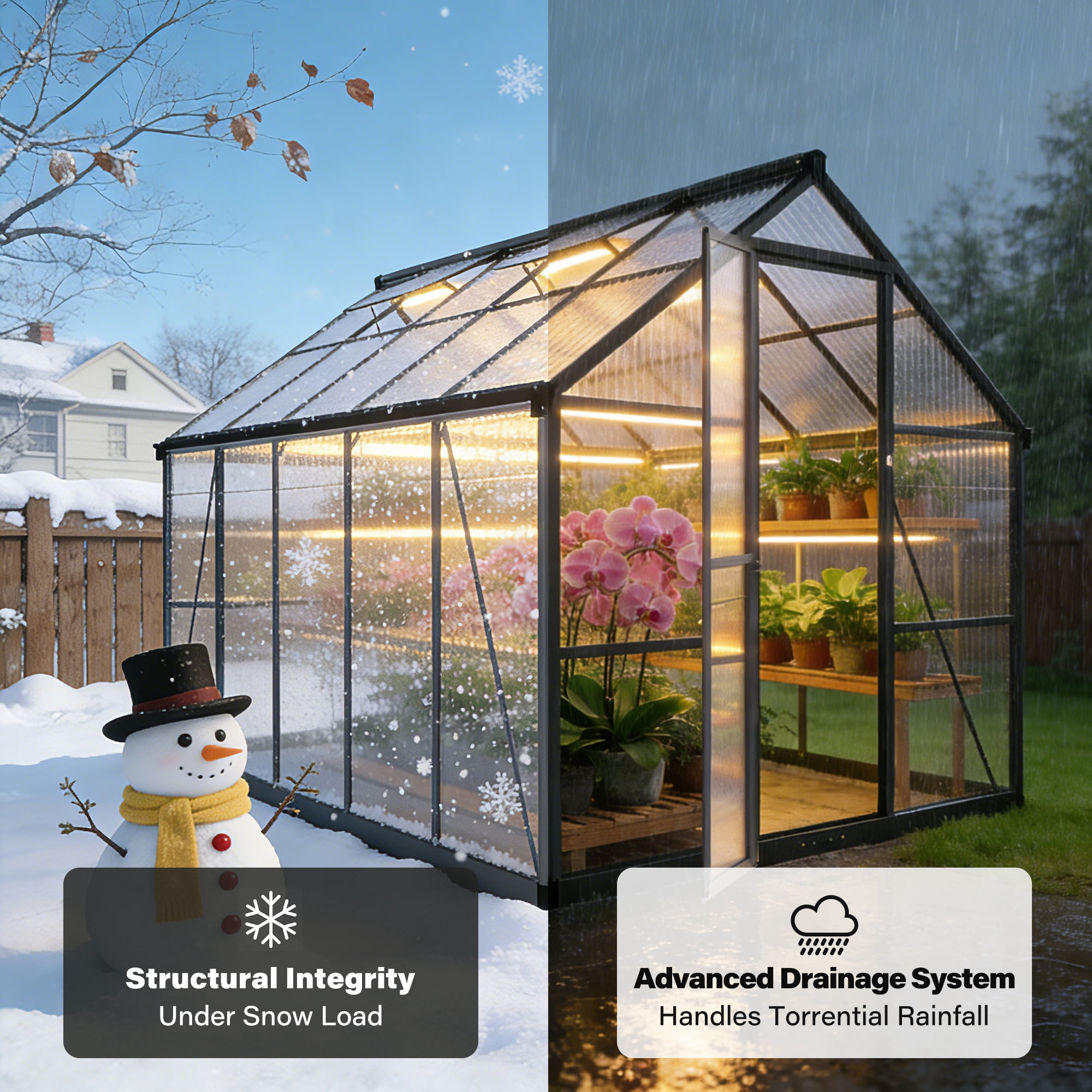 PABIMIA 8x10 FT Polycarbonate Outdoor Greenhouse, Aluminum Walk-in Greenhouse with Roof Vent, Black