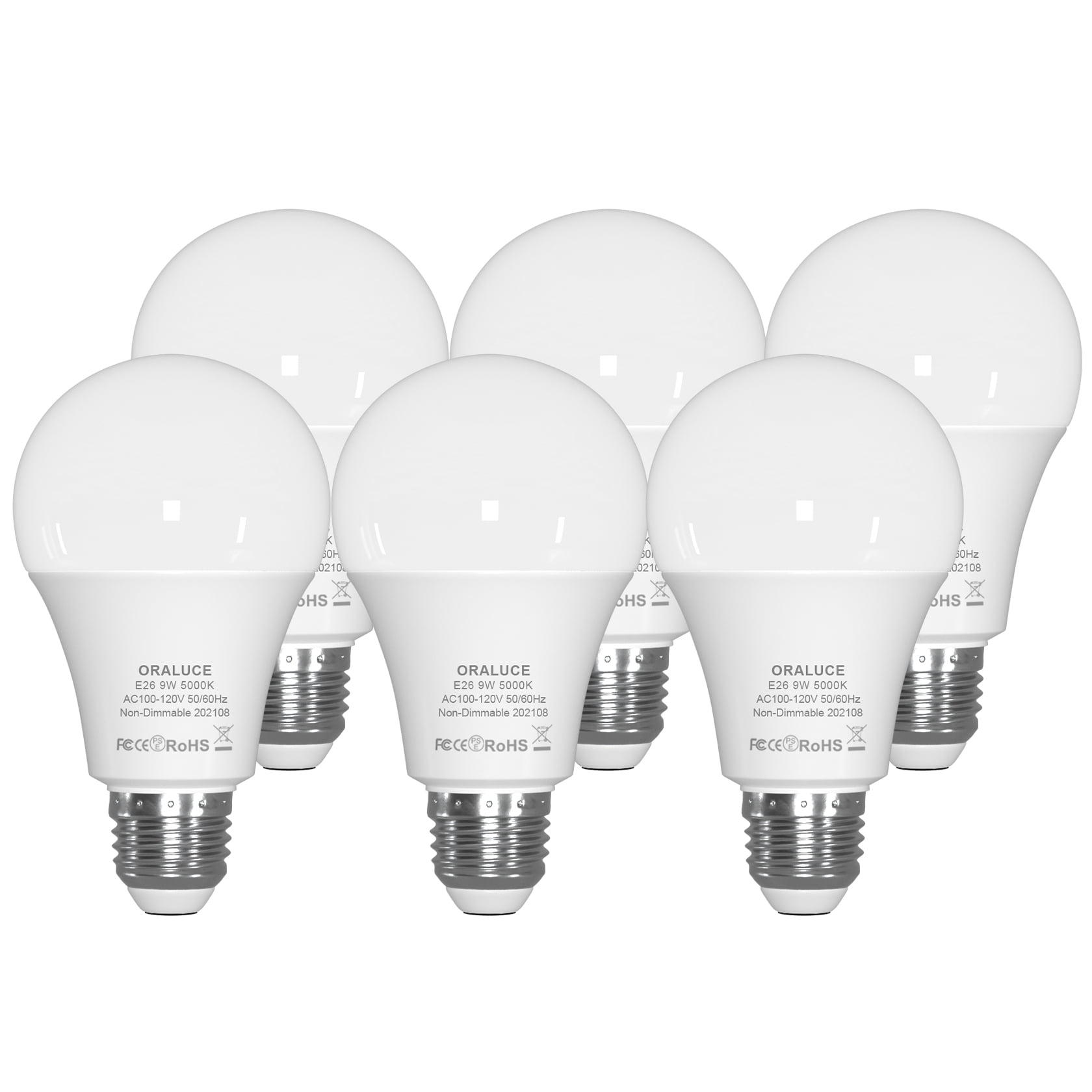 ORALUCE E26 LED Light Bulb 60 Watt, A19 9W 5000K Daylight White, 6 Pack