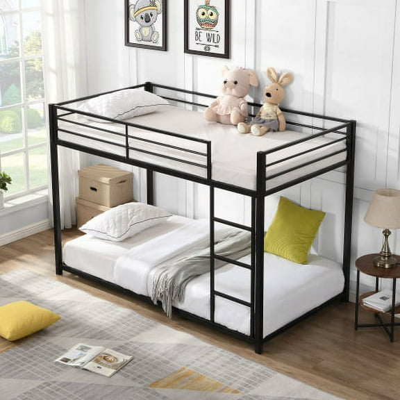 JINS & VICO Twin Over Twin Metal Bunk Bed, Heavy Duty Low Bunk Bed with Safety Guard Rails and Ladder (Black)