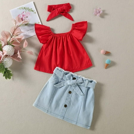 

Tejiojio Girls and Toddlers Soft Cotton Clearance Toddler Baby Girls Summer Flying Sleeve Top Bow Denim Skirt + Headband Three-piece Set