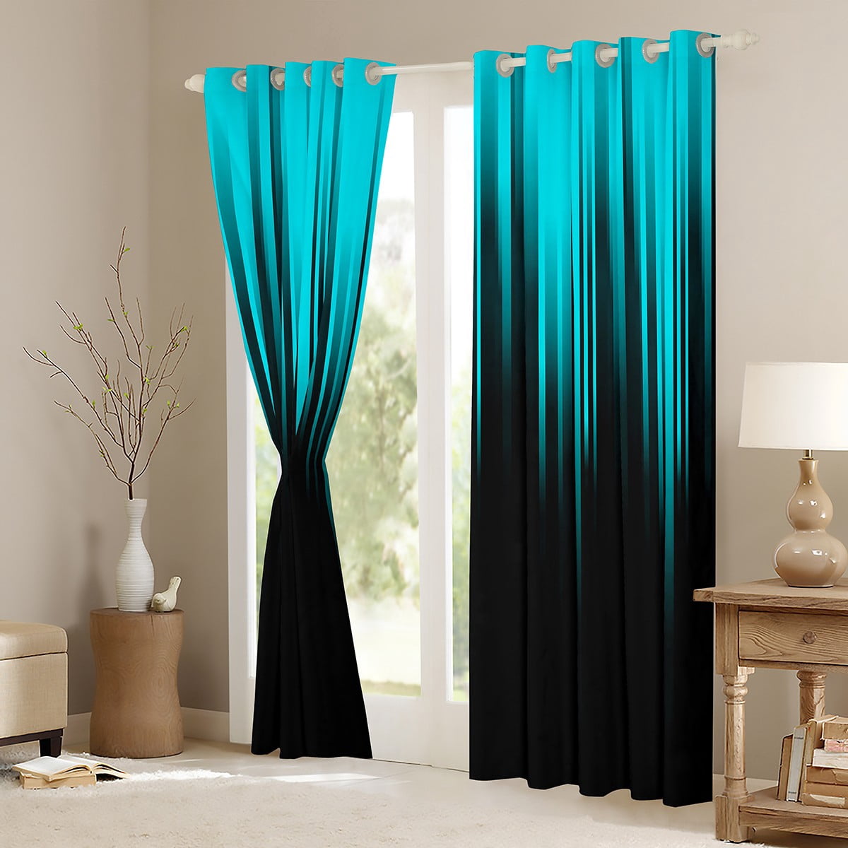 Gradient 30%-50% Blackout Curtains Teal Black Abstract Ombre Curtains & Drapes,Geometry Striped Window Curtains,Boho Exotic Hippie Geometric Stripes Curtains 42"Wx63"L