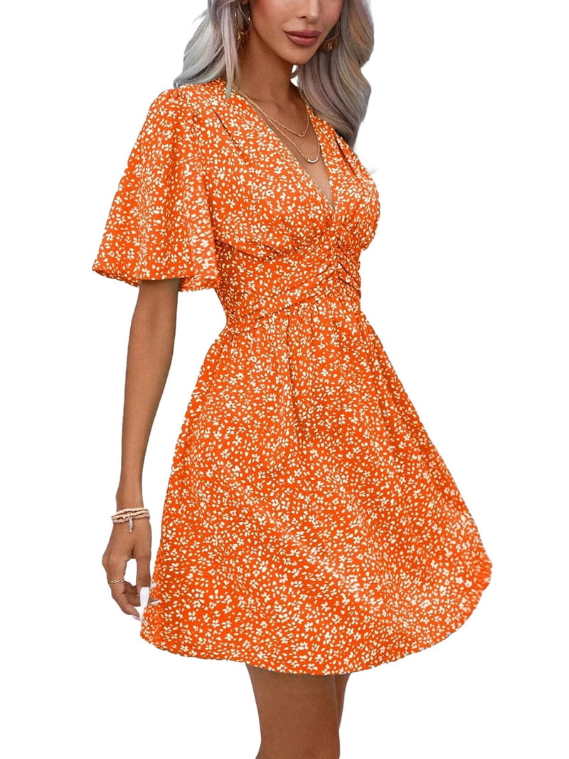 Women Summer Casual Floral Print Short Flutter Sleeve Mini Dress Casual Sundress V Neck Sun Dresses Orange Color XXL