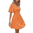 thumbnail image 3 of Women Summer Casual Floral Print Short Flutter Sleeve Mini Dress Casual Sundress V Neck Sun Dresses Orange Color L, 3 of 9