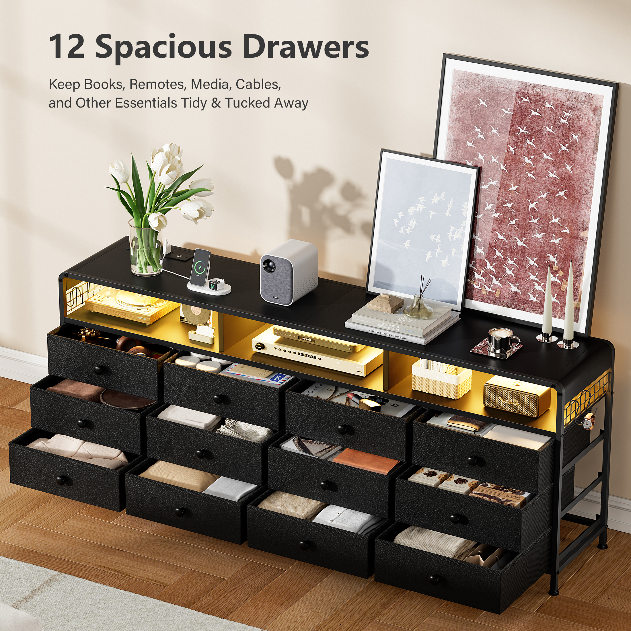 GUNAITO TV Stand with 12 Fabric Drawers and LED Lights for 75" TV photo 8