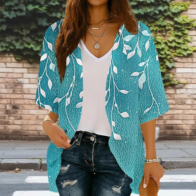 Xuyuer Spring Beach Cover-Up Cardigan - Women's 3/4 Sleeve Casual Shirt for Summer Seaside Outings, Resort Vacations, Breezy Seasonal Layering Top & Coastal Stroll Essentials
