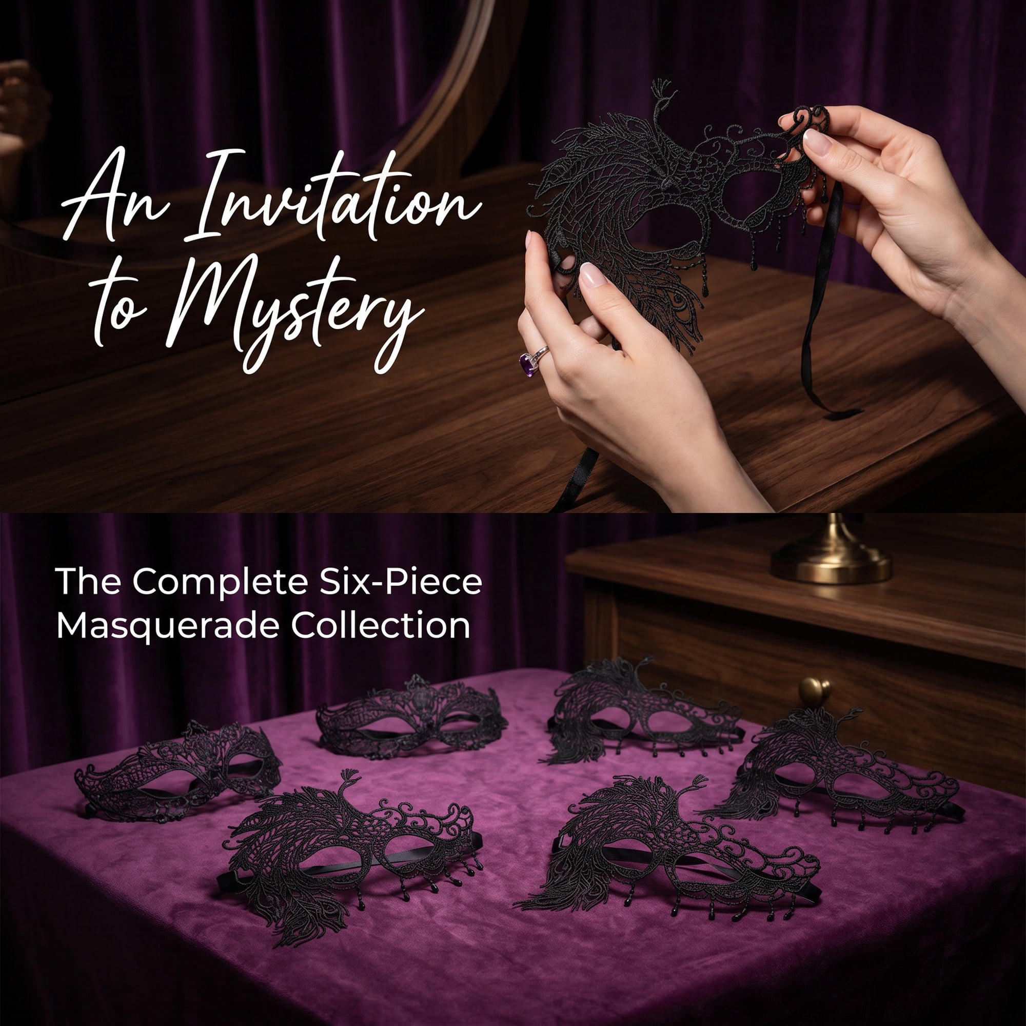 Unique Bargains 6Pcs Halloween Masquerade Lace Eye Mask Set Black Peacock 6.3" x 3.1"