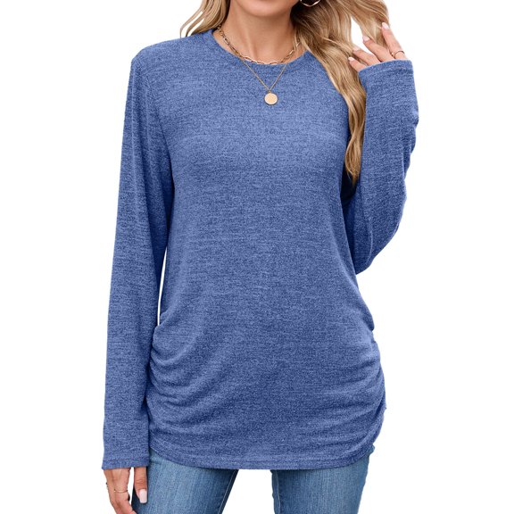 ClodeEU Women's Long Sleeve Crew Neck Shirts,Fall Slim Fit Tunic Casual Basic Tee Blue,Womens Plus XL