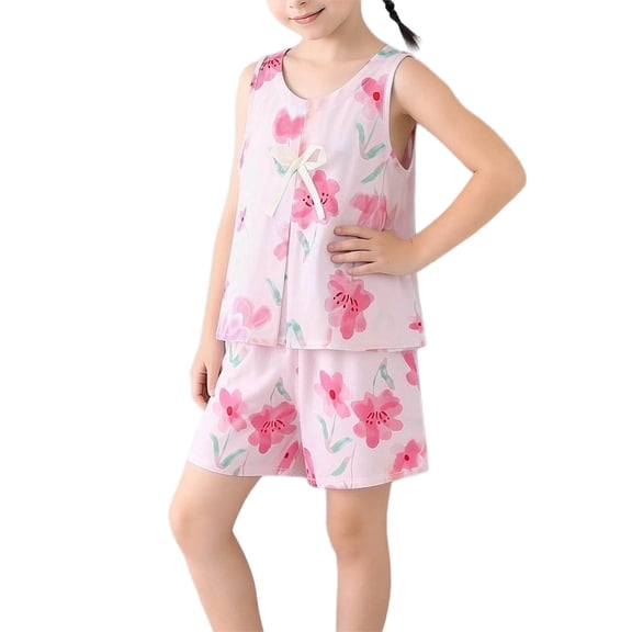CYRBOKO Girls Outfit Sets, Soft Elastic Waist Sleeveless Casual Summer Loungewear Sets Pink Size 7-8 T