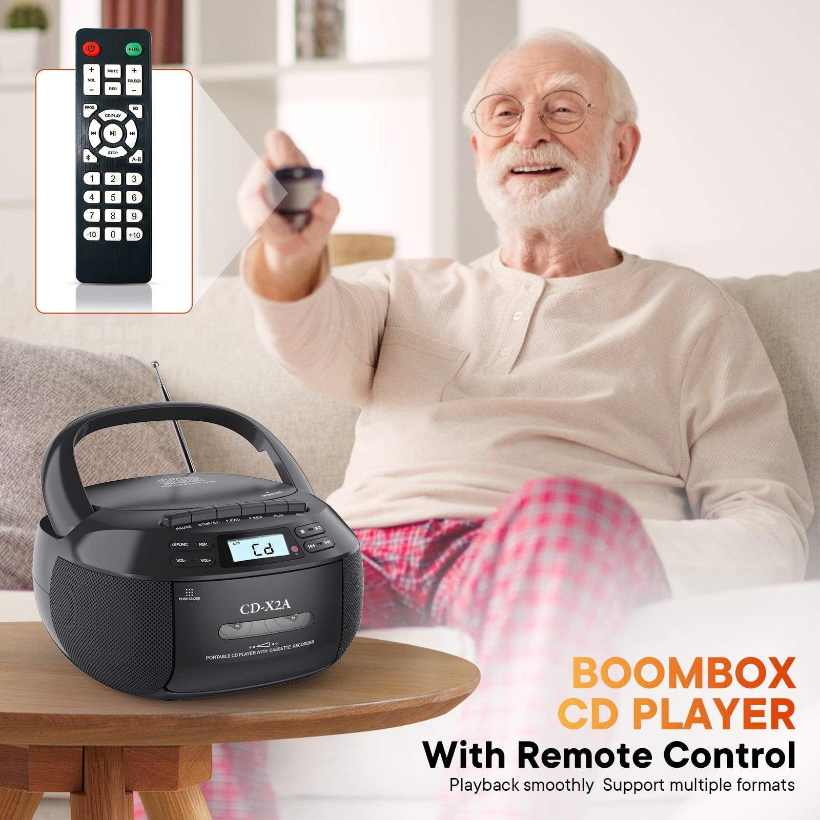 Boombox CD Cassette Player Combo, Boom Box and AM FM Radio with Bluetooth for Home & Outdoor, Stereo Sound with Remote Control, AC/Battery Operated, LCD Display, Support AUX USB Earphone