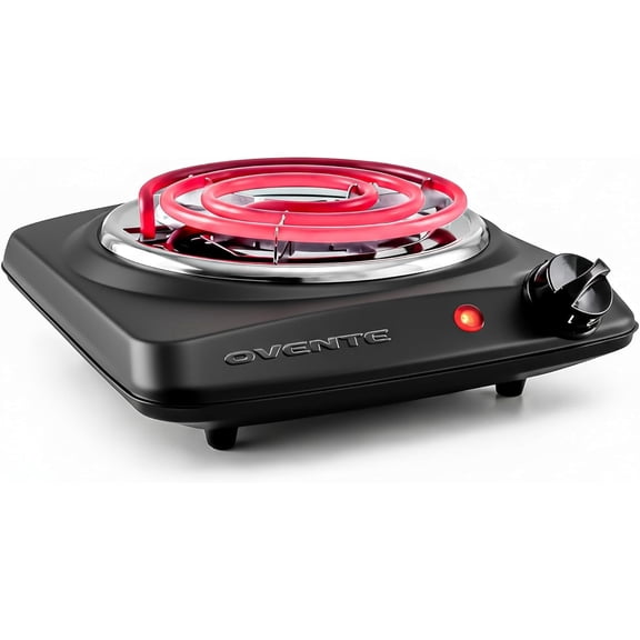 OVENTE Electric Single Burner Hot Plate, 1000W Portable Countertop Cooktop, 6-Inch Stainless Steel Coil, 5-Level Temperature Control, Indicator Light, Easy-to-Clean, Black BGC101B