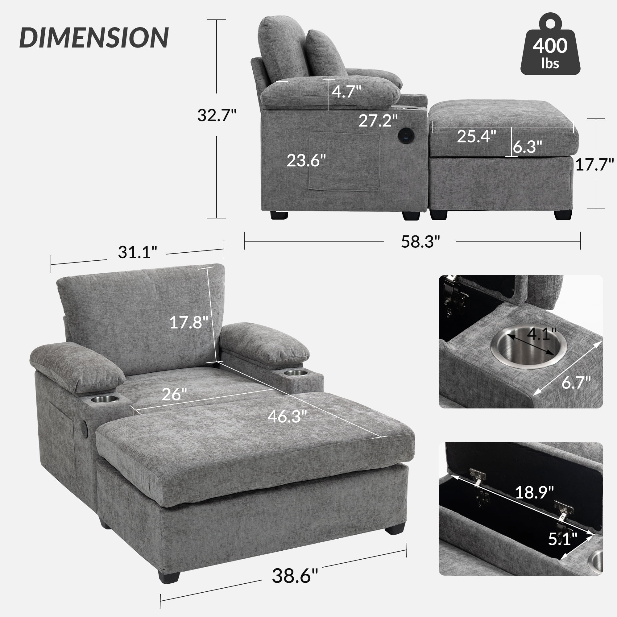 Alvantor Oversized Lounge Chair with Ottoman, Chenille Accent Armchair with Cupholders & USB Charging for Living Room Grey